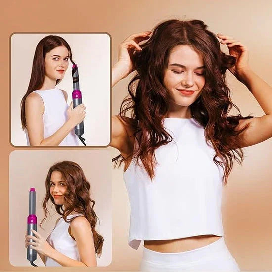 Woman using electric curling wand to create voluminous wavy hair, showcasing hair styling results