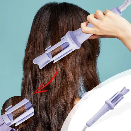 Automatic hair curler stick curling long brown hair against teal background, showing close-up of curling section