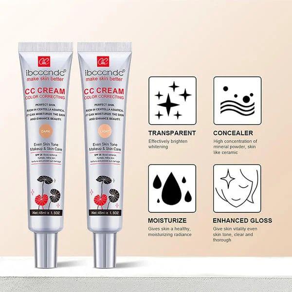 Two tubes of ibcccndc CC Cream color correcting makeup with centella asiatica for even skin tone and hydration