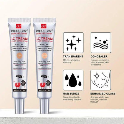 Two tubes of ibcccndc CC Cream color correcting makeup with centella asiatica for even skin tone and hydration