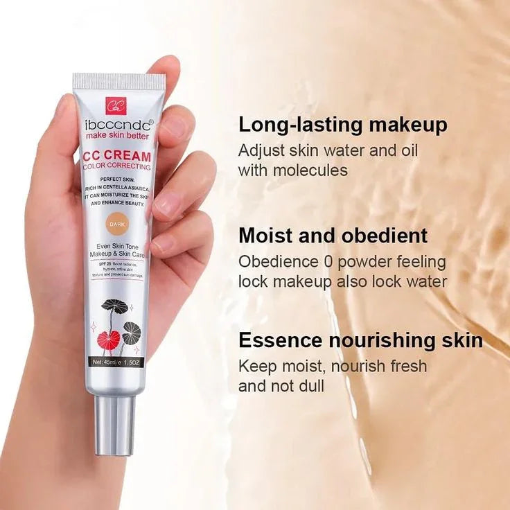 Hand holding ibccndc CC cream tube with Centella Asiatica for long-lasting, moisturizing, nourishing skin makeup