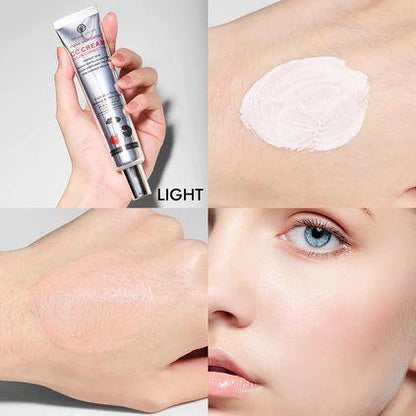 Zayluxora CC cream tube held, cream swatch on skin, blended coverage, natural complexion close-up