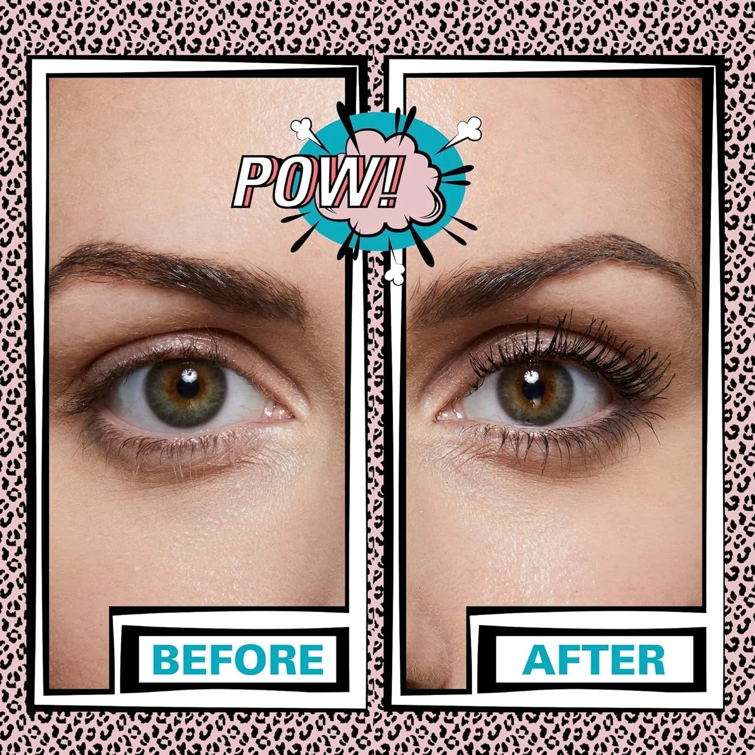 Close-up before and after comparison of a woman's eye with natural lashes and enhanced lashes with mascara, framed by pink leopard print