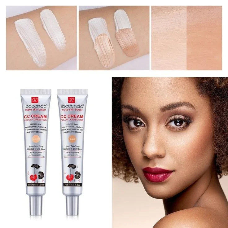 ibcccndc CC cream color correcting makeup tubes in light and dark shades with swatches and model with smooth even skin tone
